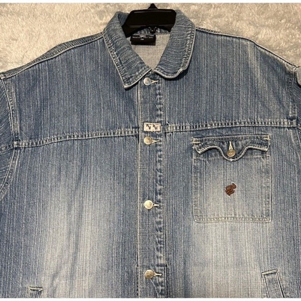 Rocawear Mens 2XL Denim Washed Blue Long Sleeve Shirt Y2K Streetwear Y2K Vintage
